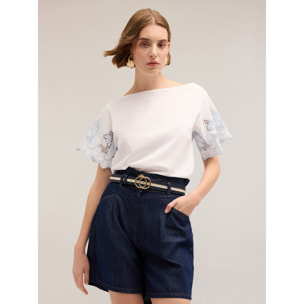 Motivi - Camiseta con mangas bordadas - Blanco