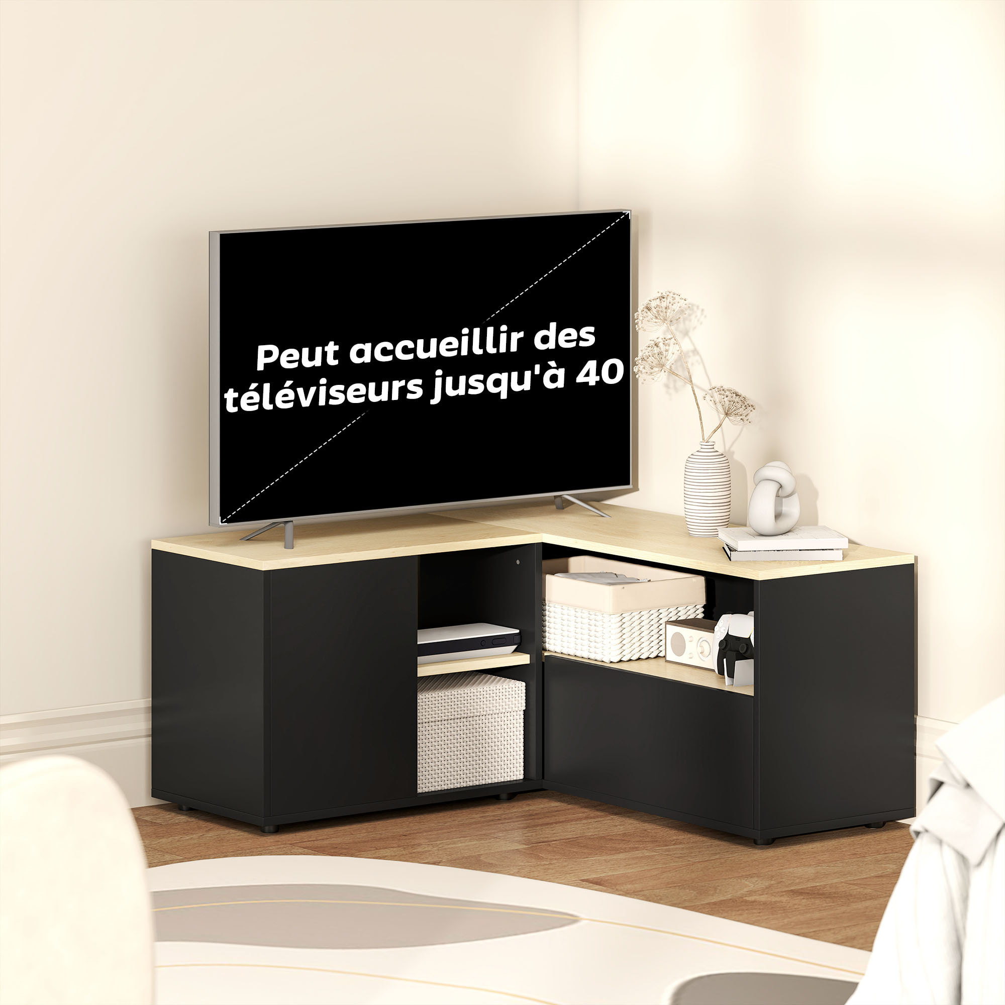 Meuble TV d'angle banc TV en L 2 portes 3 niches panneaux aspect bois chêne clair noir