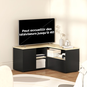 Meuble TV d'angle banc TV en L 2 portes 3 niches panneaux aspect bois chêne clair noir