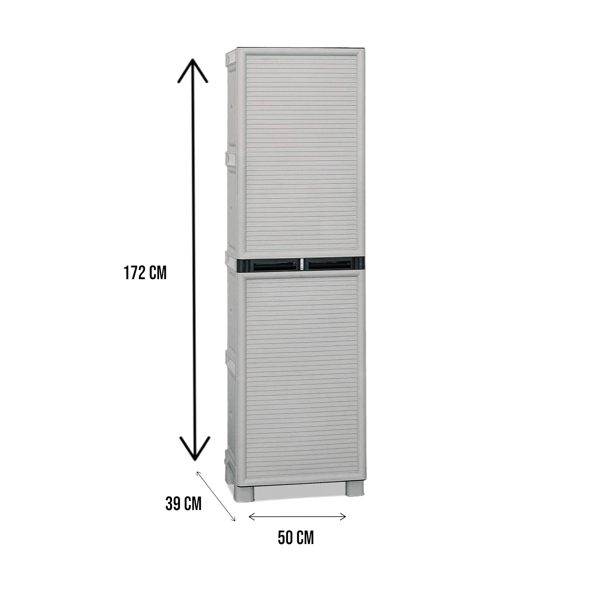 Armadio da spogliatoio per esterno o interno, Mobile a 1 anta e 2 ripiani in polipropilene, 100% Made in Italy, cm 50x39h172, colore Grigio chiaro