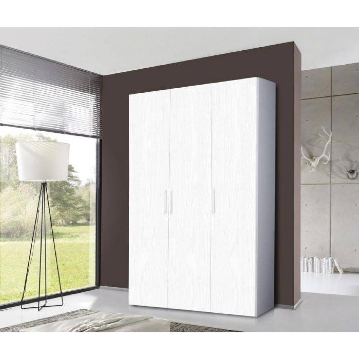 Armadio 3 ante battenti, bianco frassinato , cm 135x247x58, con tubo appendiabiti