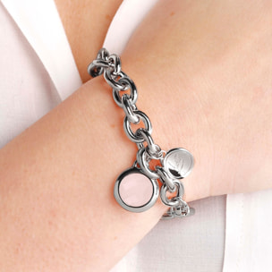 Bracciale White Catena Rolo con Ciondolo in Quarzo Rosa Sfaccettato