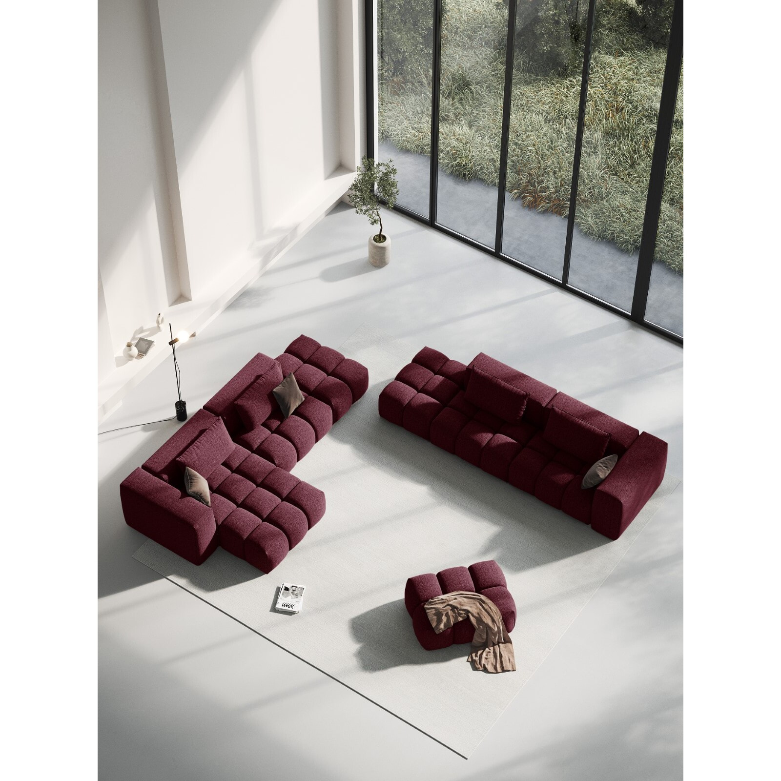 Pouf "Lorella" en tissu structurel bordeaux