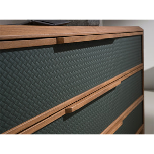 Cómoda con estructura de PVC en verde oscuro y patas de madera chapada en nogal natural 119x46x75cm