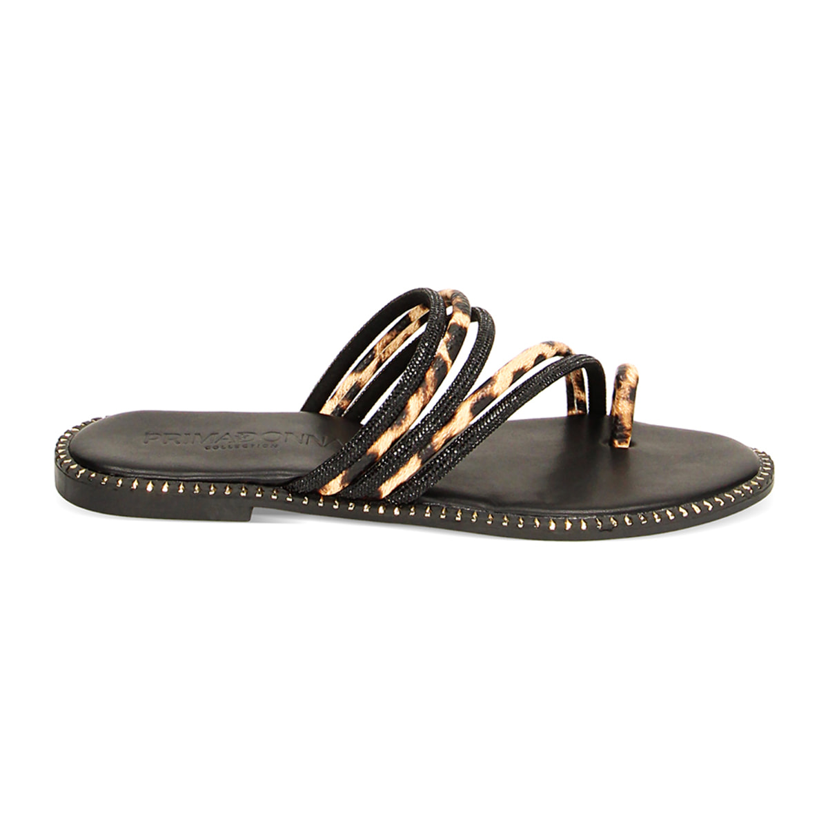 Sandalias bajas negras y leopardo con piedras