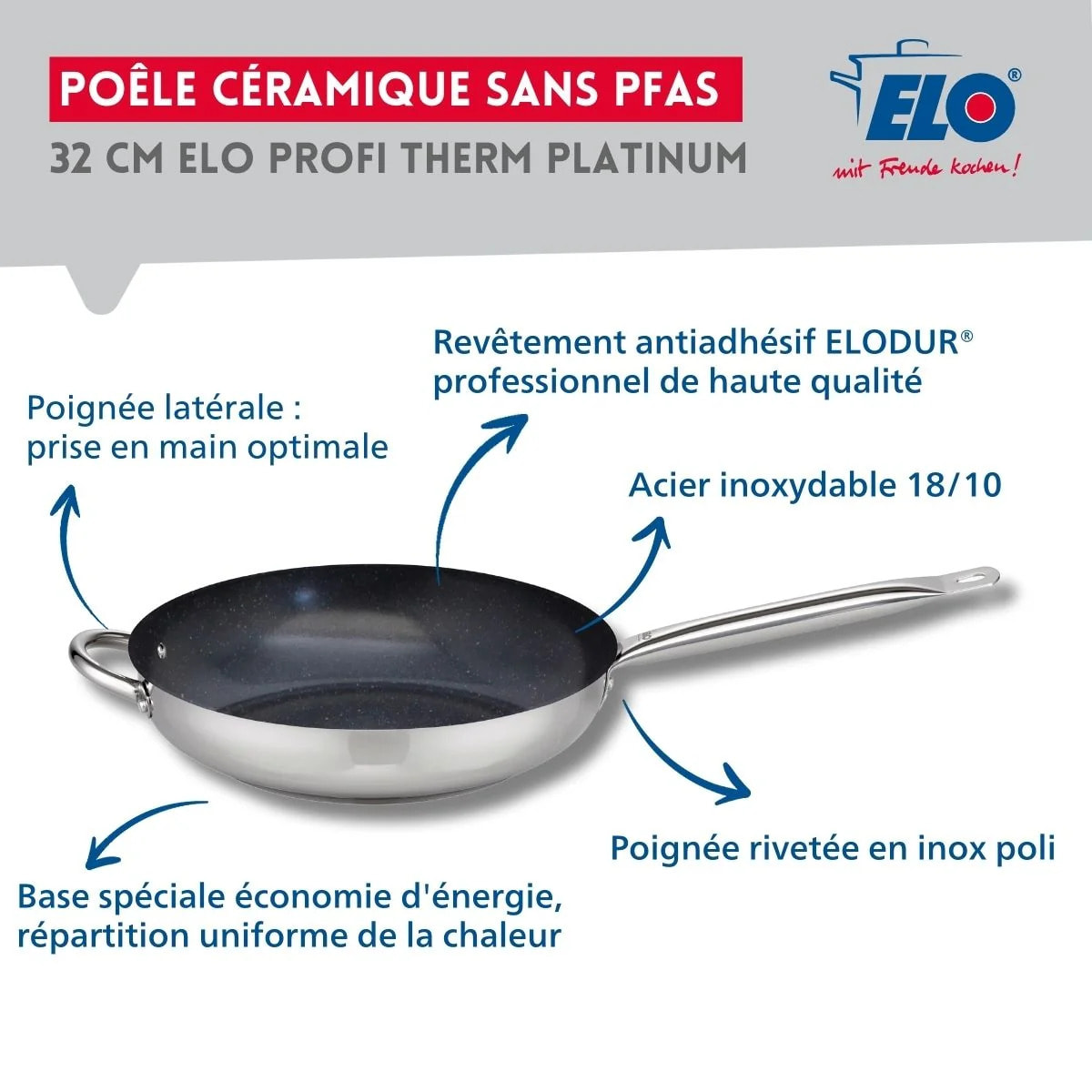 Set de 3 Poêles 24, 28 et 32 cm céramique sans PFAS et 3 couvercles Profi Therm Platinum Elo