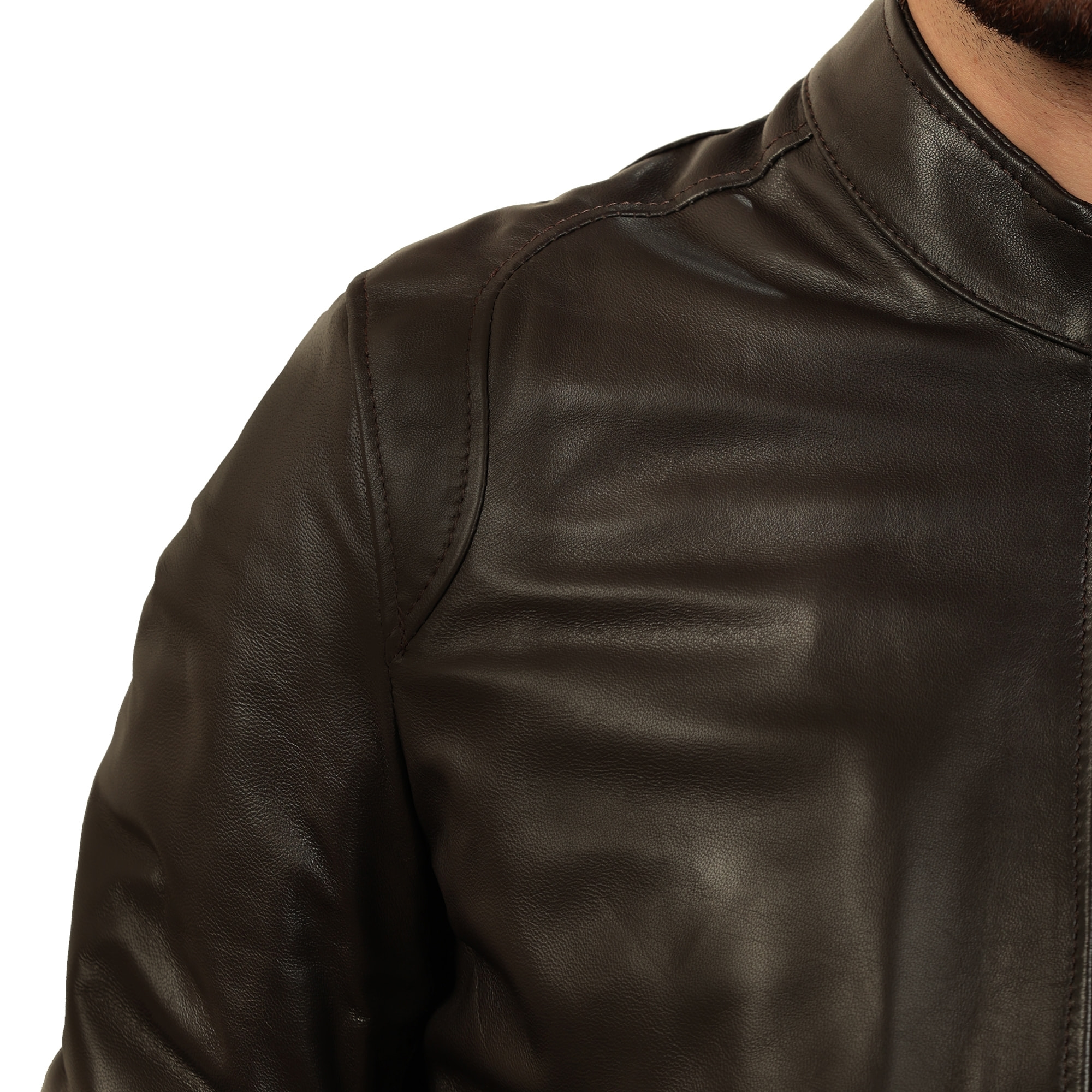 Giubbino in vera pelle di vitello foderato con trapunta invernale Marrone-Slim Fit