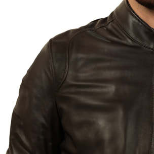Giubbino in vera pelle di vitello foderato con trapunta invernale Marrone-Slim Fit