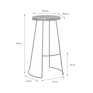 Lot de 4 tabourets de bar bois de manguier teinté noyer et acier. avec repose pieds. 75cm