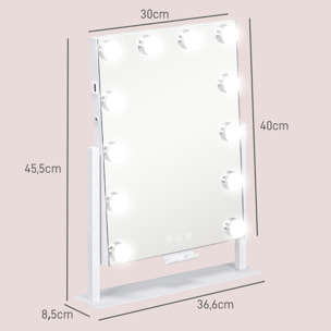 Miroir Hollywood LED rotatif grossissant dim. 36,5 x 45,5 cm 12 ampoules 3 modes luminosité port charge USB