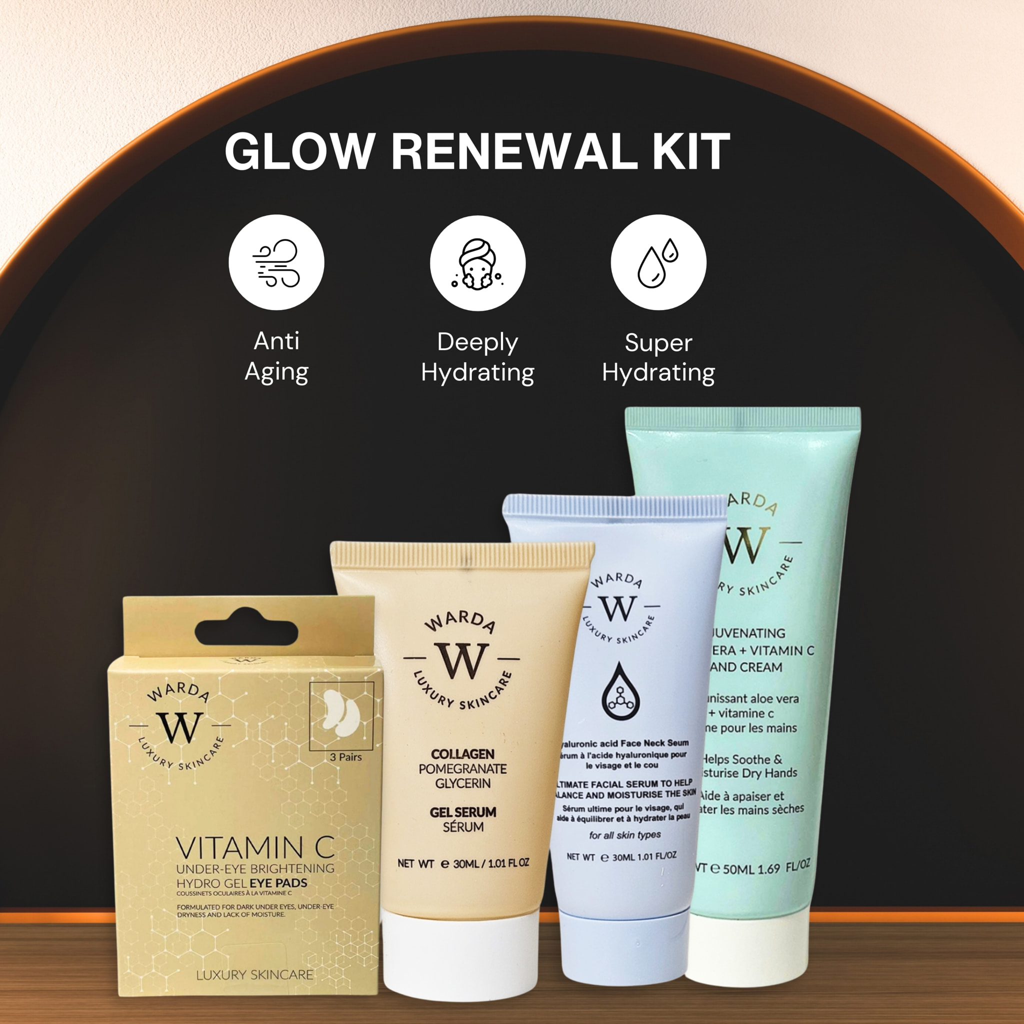 Gel hidratante con vitamina C para el contorno de ojos + sérum de ácido hialurónico + crema de manos con aloe vera