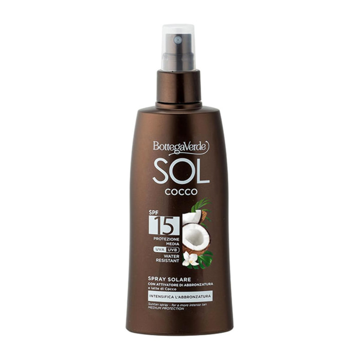 SOL Cocco - Spray solare - intensifica l'abbronzatura - con attivatore di abbronzatura e latte di Cocco - water resistant - protezione media SPF 15