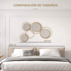 Espejo Decorativo de Pared de Metal 3D Adorno de Pared Metálico con 4 Espejos Redondos para Salón Dormitorio Pasillo 110x68 cm Dorado