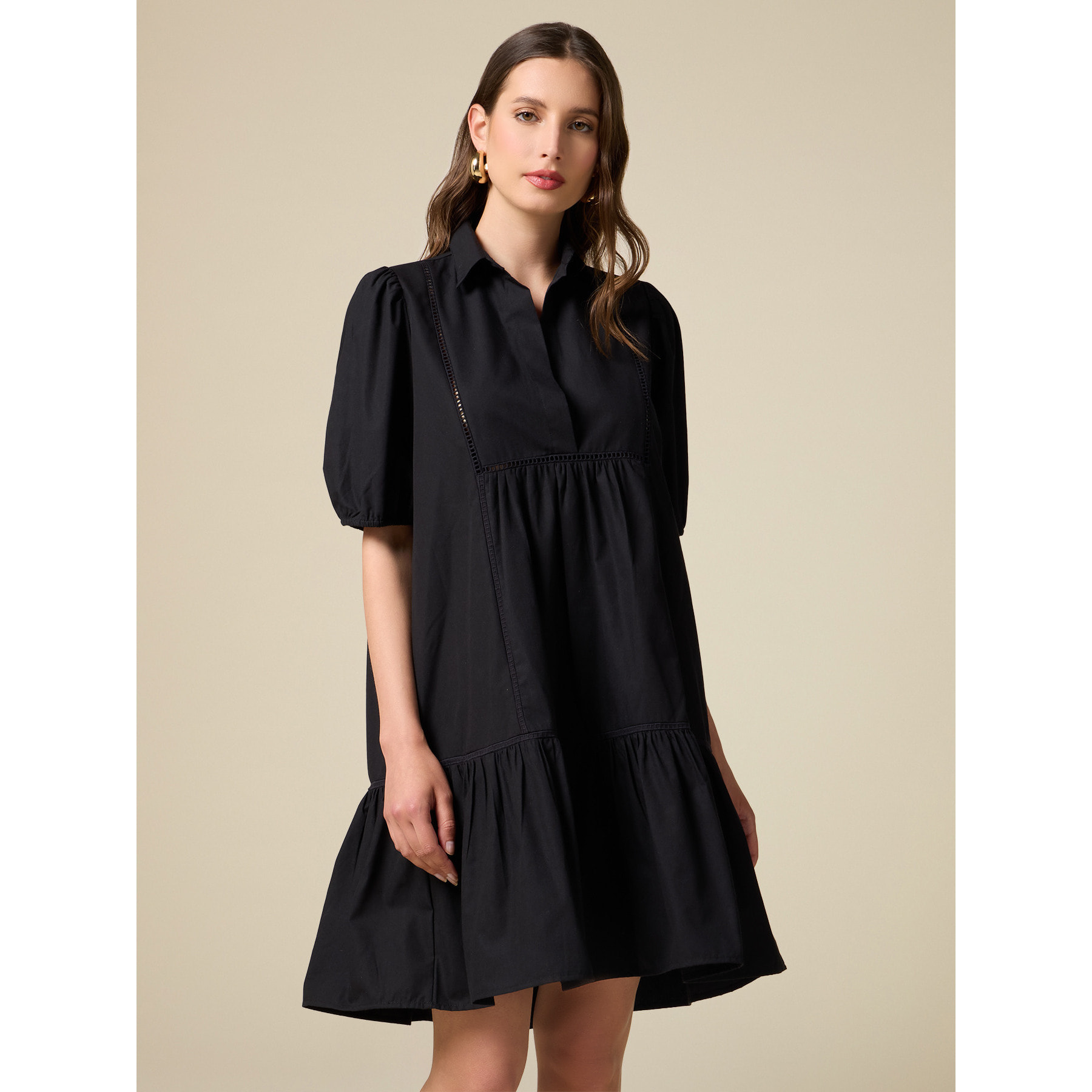 Oltre - Vestido corto de popelina con calado - Negro