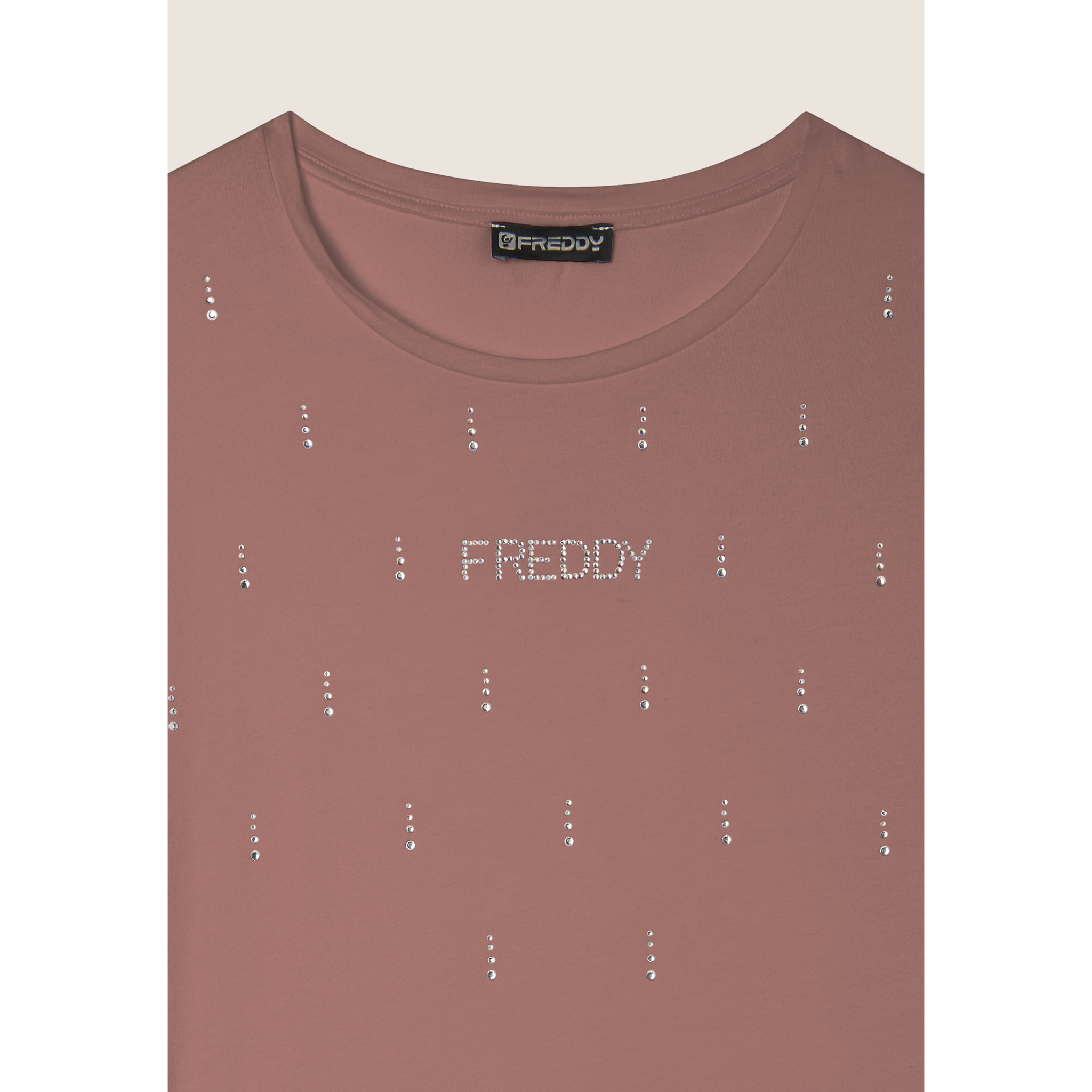 T-Shirt in jersey modal con Strass e Taglio Arrotondato