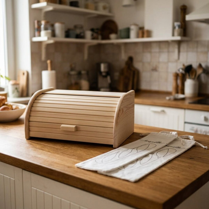 Set de 3 ustensiles pour le pain avec Huche à pain en bois pain et 2 Sacs de conservation en coton Fackelmann Boissellerie