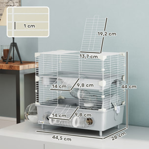 Cage pour hamster 2 niveaux roue sphère bac à sable tuyaux biberon eau dim. 44,5 x 28 x 44 cm blanc gris