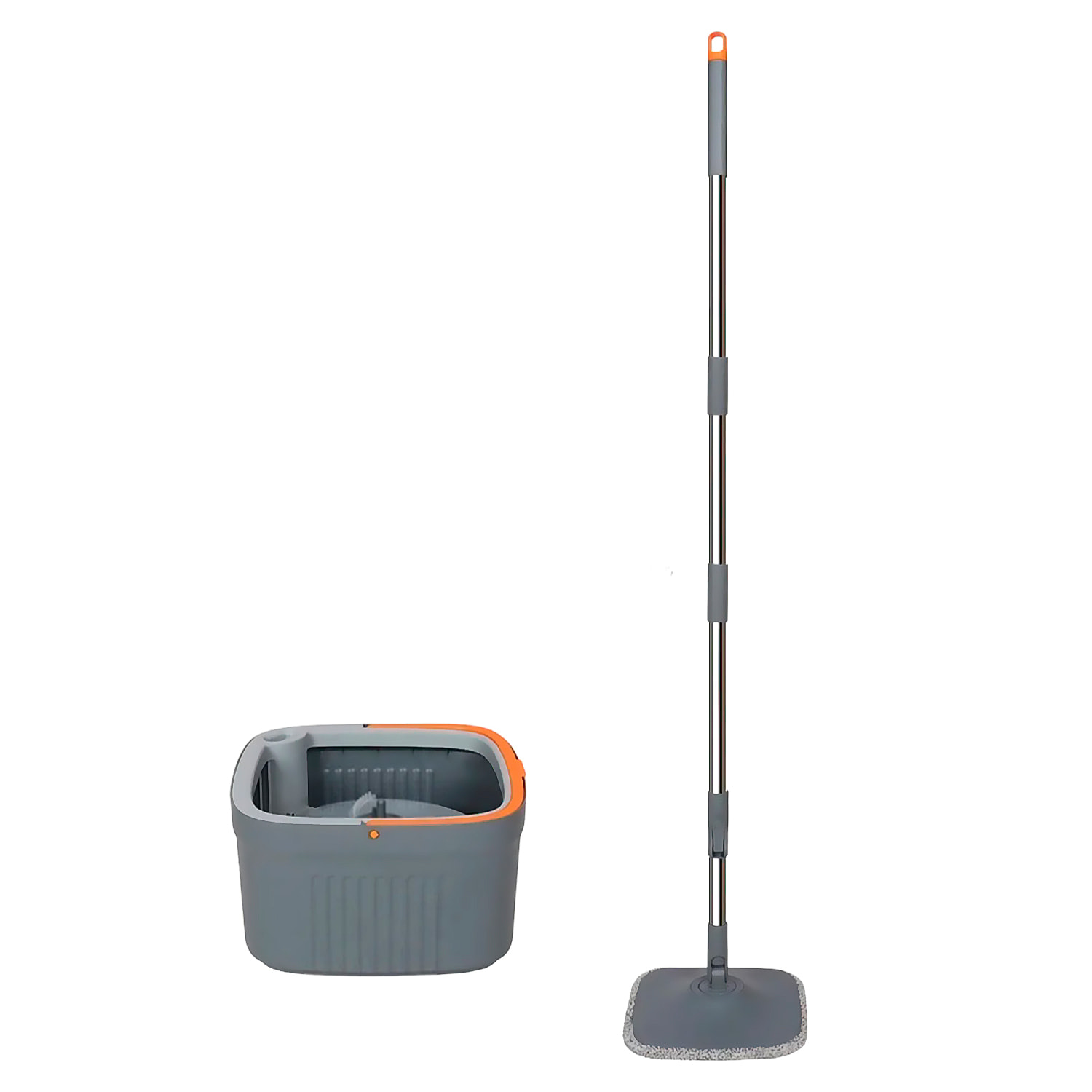 Mopa giratoria con cubo de separación de agua limpia y sucia, sistema manos libres y cabezal 360°. Apta para limpieza en seco y húmedo.