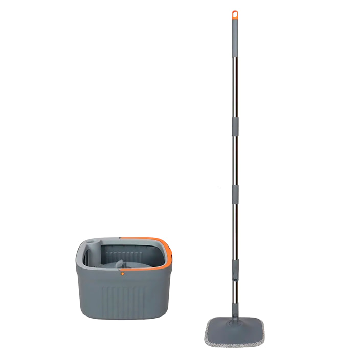 Mopa giratoria con cubo de separación de agua limpia y sucia, sistema manos libres y cabezal 360°. Apta para limpieza en seco y húmedo.