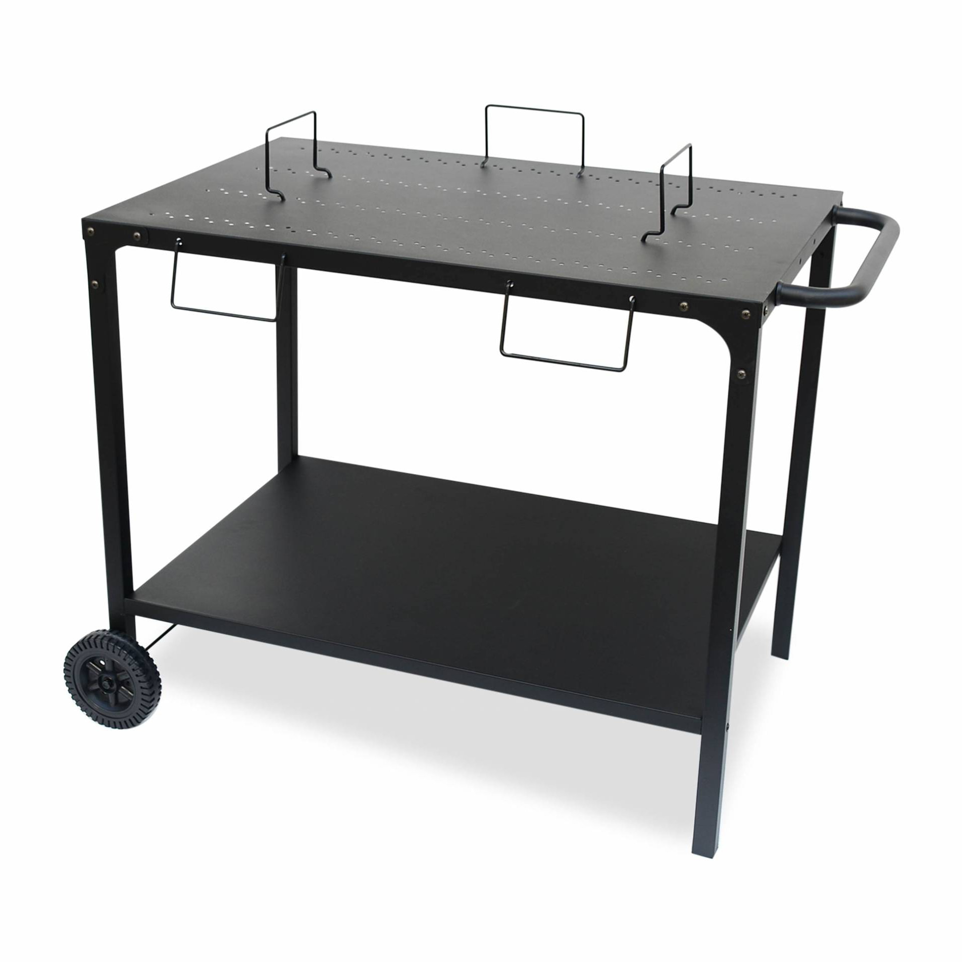 Desserte extérieure noire en acier modulable pour plancha avec deux roues