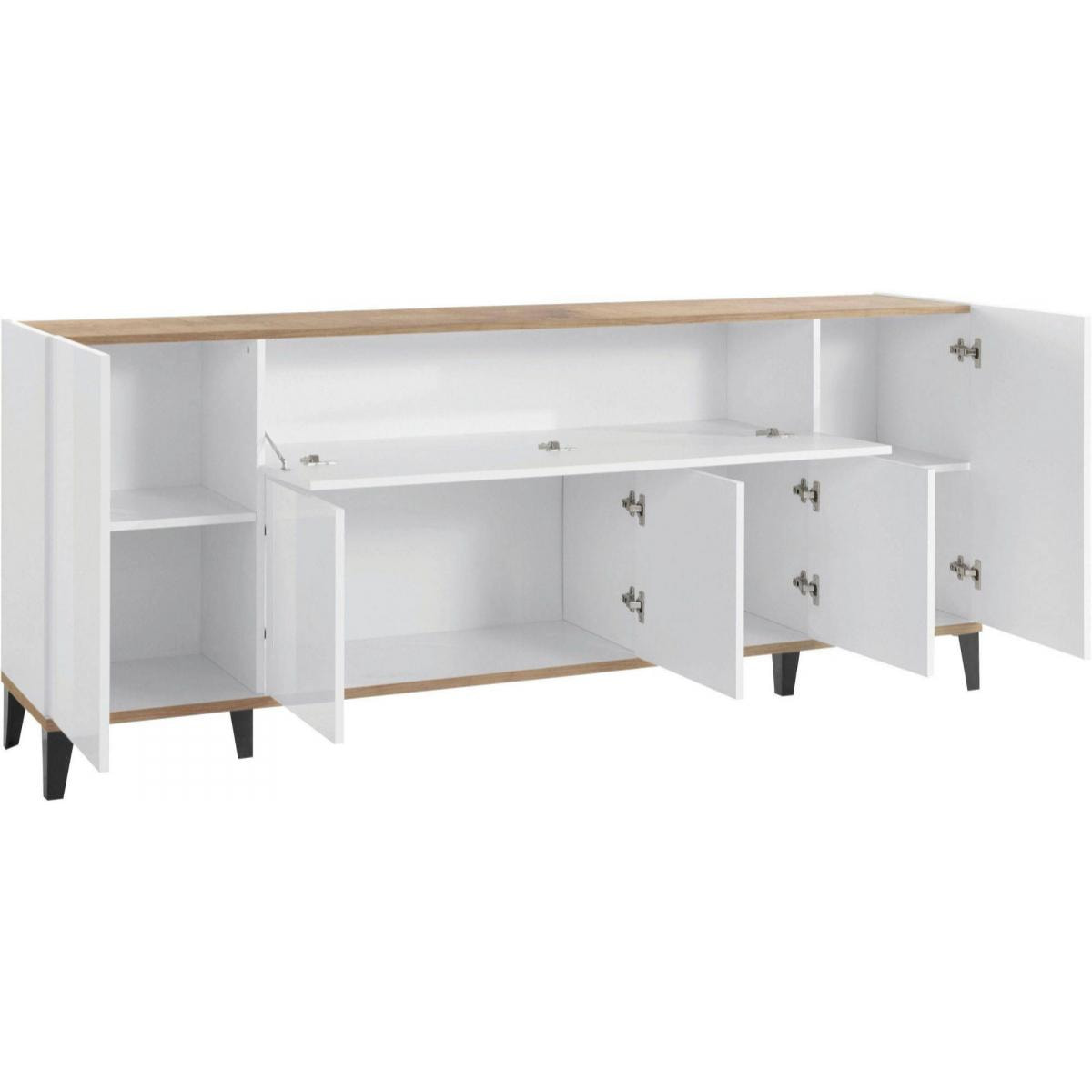 Credenza moderna a 6 ante, Made in Italy, Madia da cucina rialzata, Buffet di design da soggiorno, Cm 200x40h82, Bianco lucido e Acero