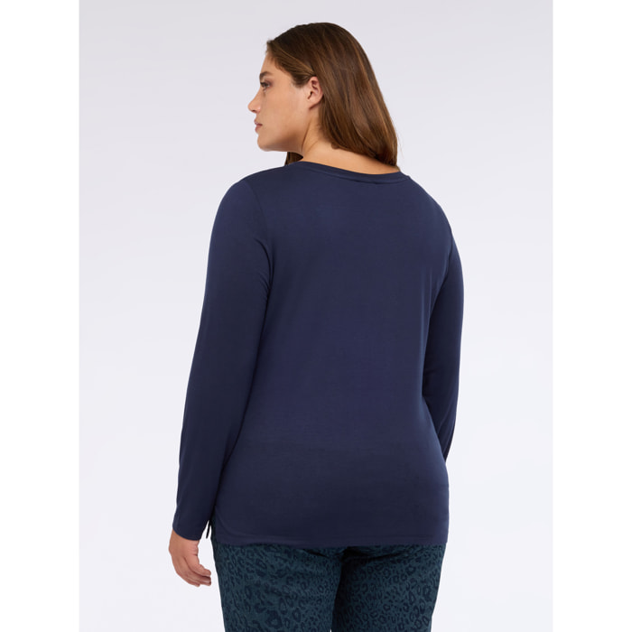 Fiorella Rubino - Camiseta bimatérica con escote en V y mangas largas - Azul