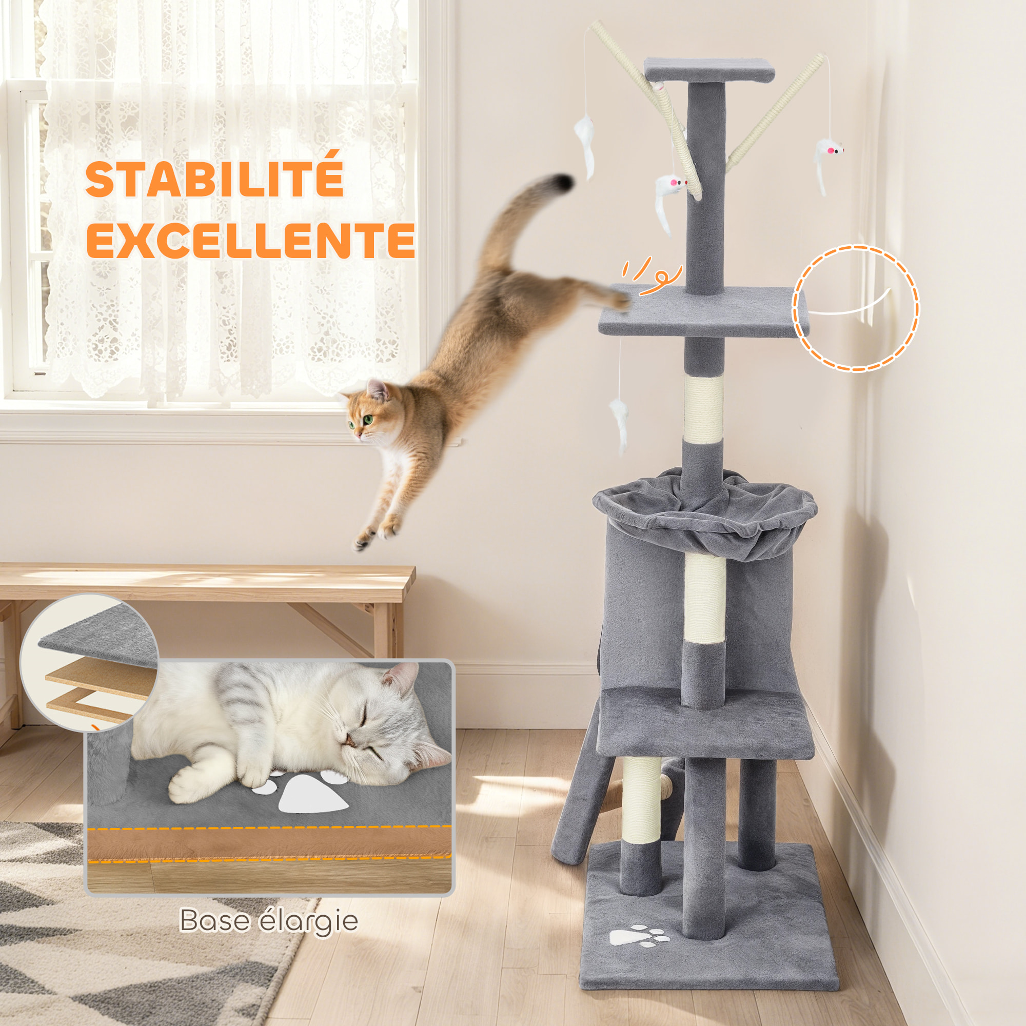 Arbre à chat multi-équipement griffoirs plateformes niche échelle hamac jouets gris