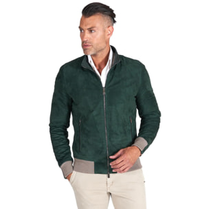 Giubbotto bomber in pelle scamosciata verde collo coreana