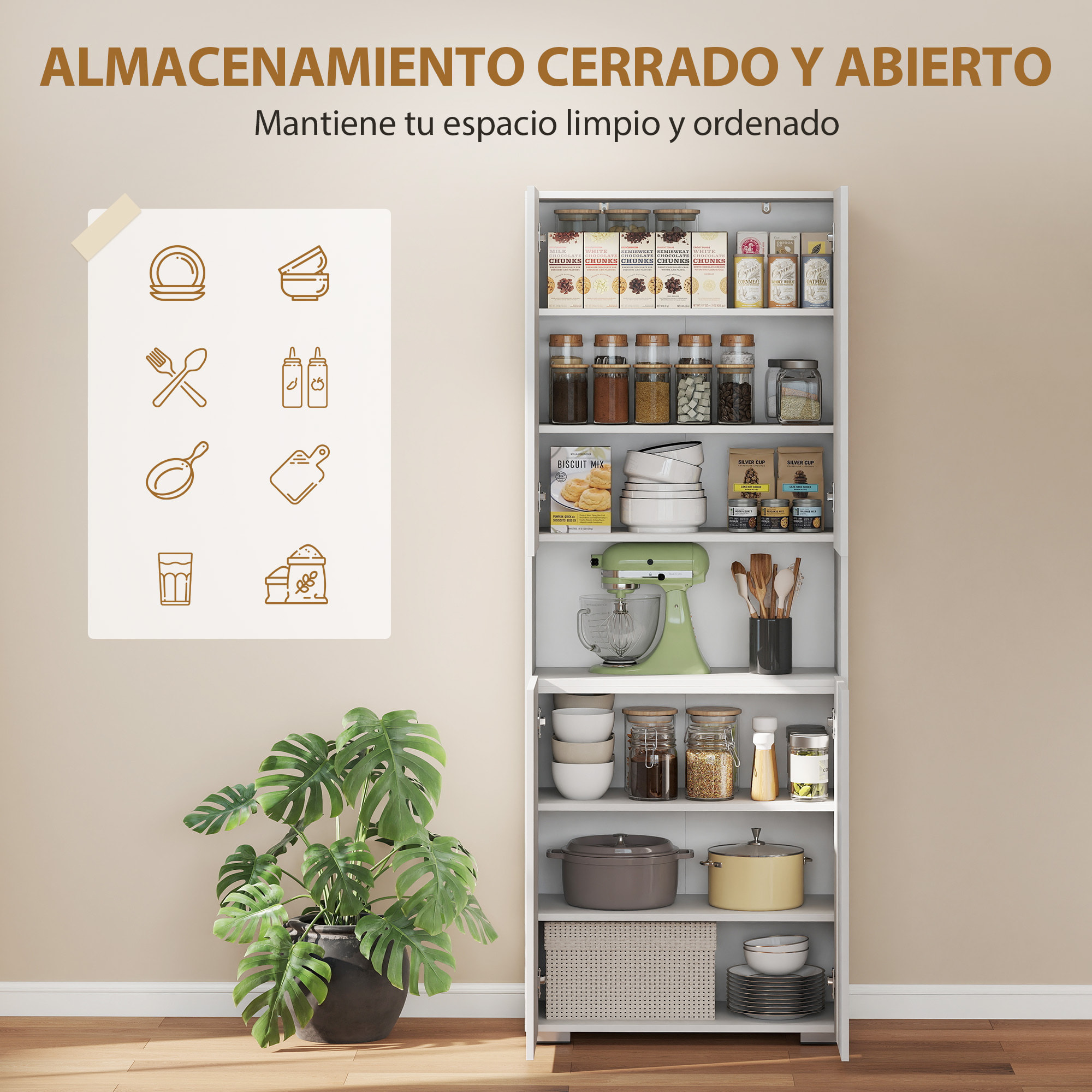 Alacena de Cocina, Mueble Auxiliar de Cocina con 4 Puertas, Compartimento Abierto, Estantes Ajustables, 68x34x180 cm, Blanco Brillo