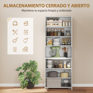 Alacena de Cocina, Mueble Auxiliar de Cocina con 4 Puertas, Compartimento Abierto, Estantes Ajustables, 68x34x180 cm, Blanco Brillo