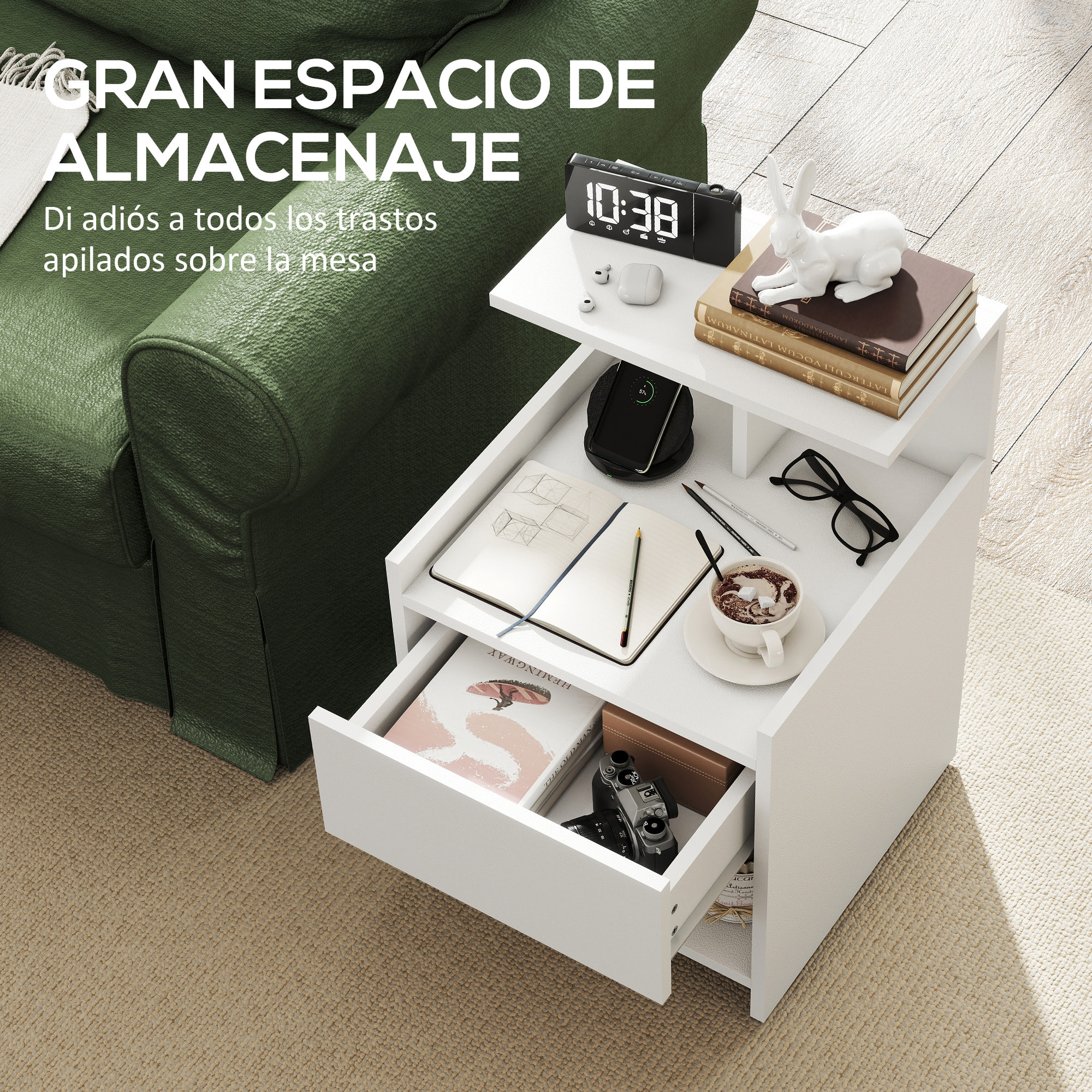 Mesita de Noche con Estación de Carga, Mesilla de Noche Dormitorio con Puertos USB, Cajón y Estantes Abiertos, para Salón, Estudio, 40x40x60 cm, Blanco