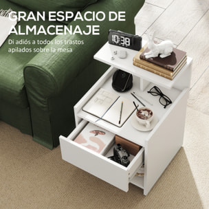 Mesita de Noche con Estación de Carga, Mesilla de Noche Dormitorio con Puertos USB, Cajón y Estantes Abiertos, para Salón, Estudio, 40x40x60 cm, Blanco