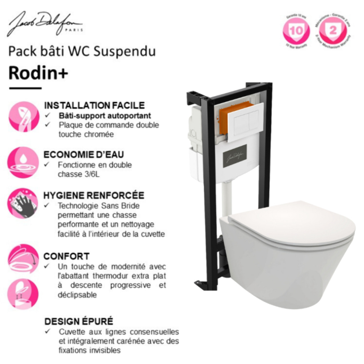 Pack WC suspendu sans bride Rodin+ avec abattant + bâti support + plaque blanche + tabouret blanc