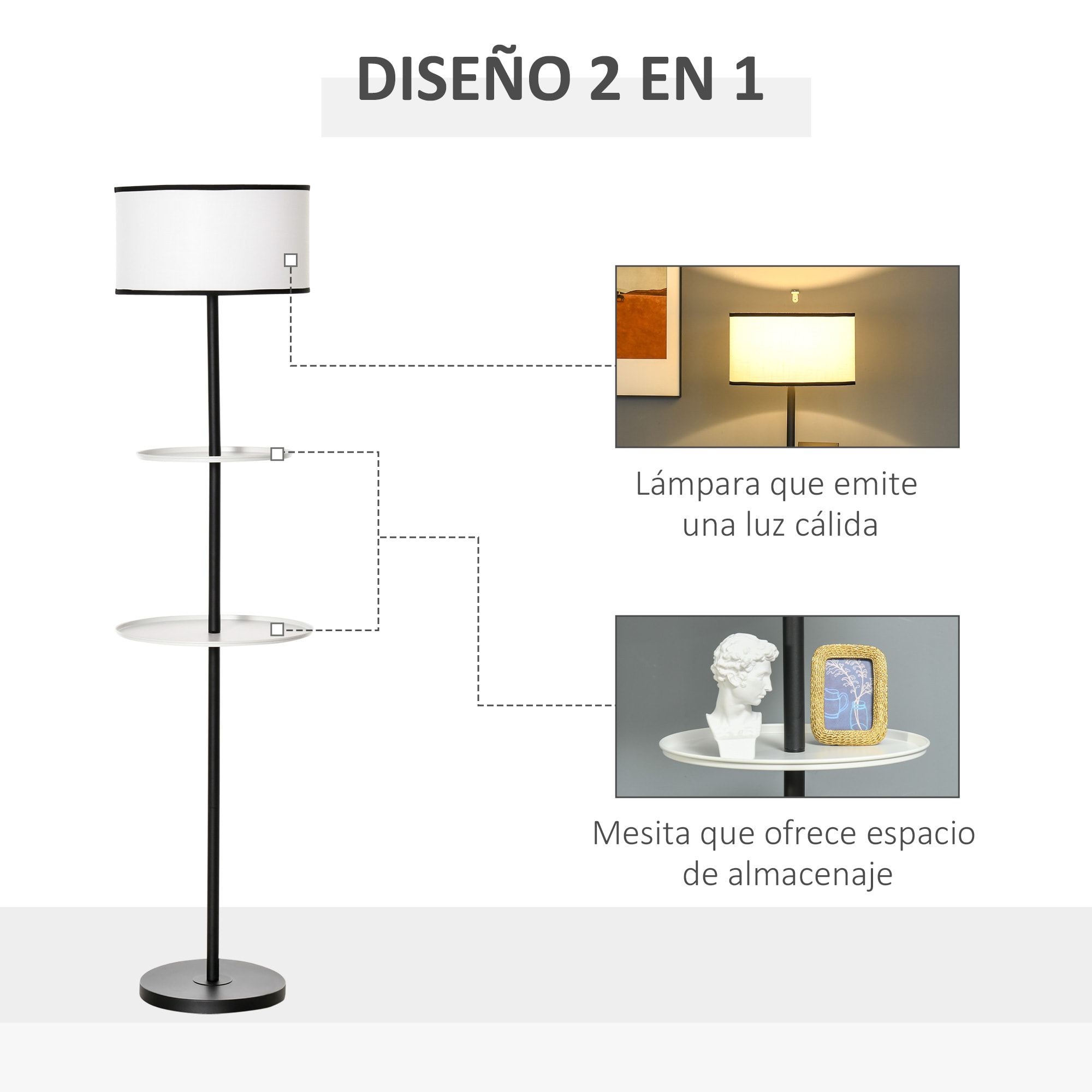 HOMCOM Lámpara de Pie Moderna con 2 Mesas Auxiliares Casquillo E27 Máx. de 40W y Interruptor de Pie Lámpara con Estante para Salón Dormitorio Estudio Ø40x170 cm Blanco y Negro