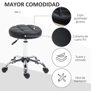 Taburete Giratorio con Ruedas Regulable en Altura de 48-63 cm Taburete de Trabajo Tapizado en Cuero PU para Peluquería Cosmética Dentista Diámetro Ø35,5 cm Negro