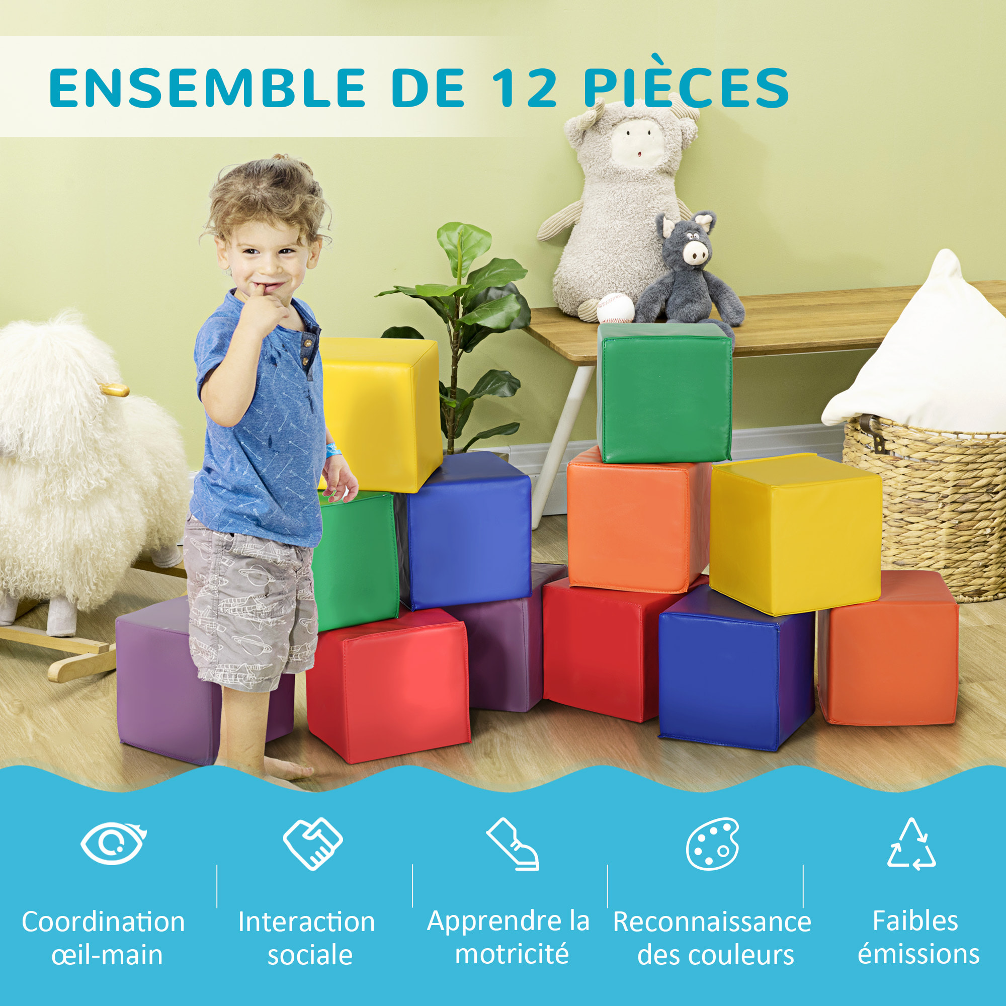 12 Blocs Cubes de Construction en Mousse - modules de motricité - Jouets éducatifs - Mousse EPE Revêtement synthétique Multicolore