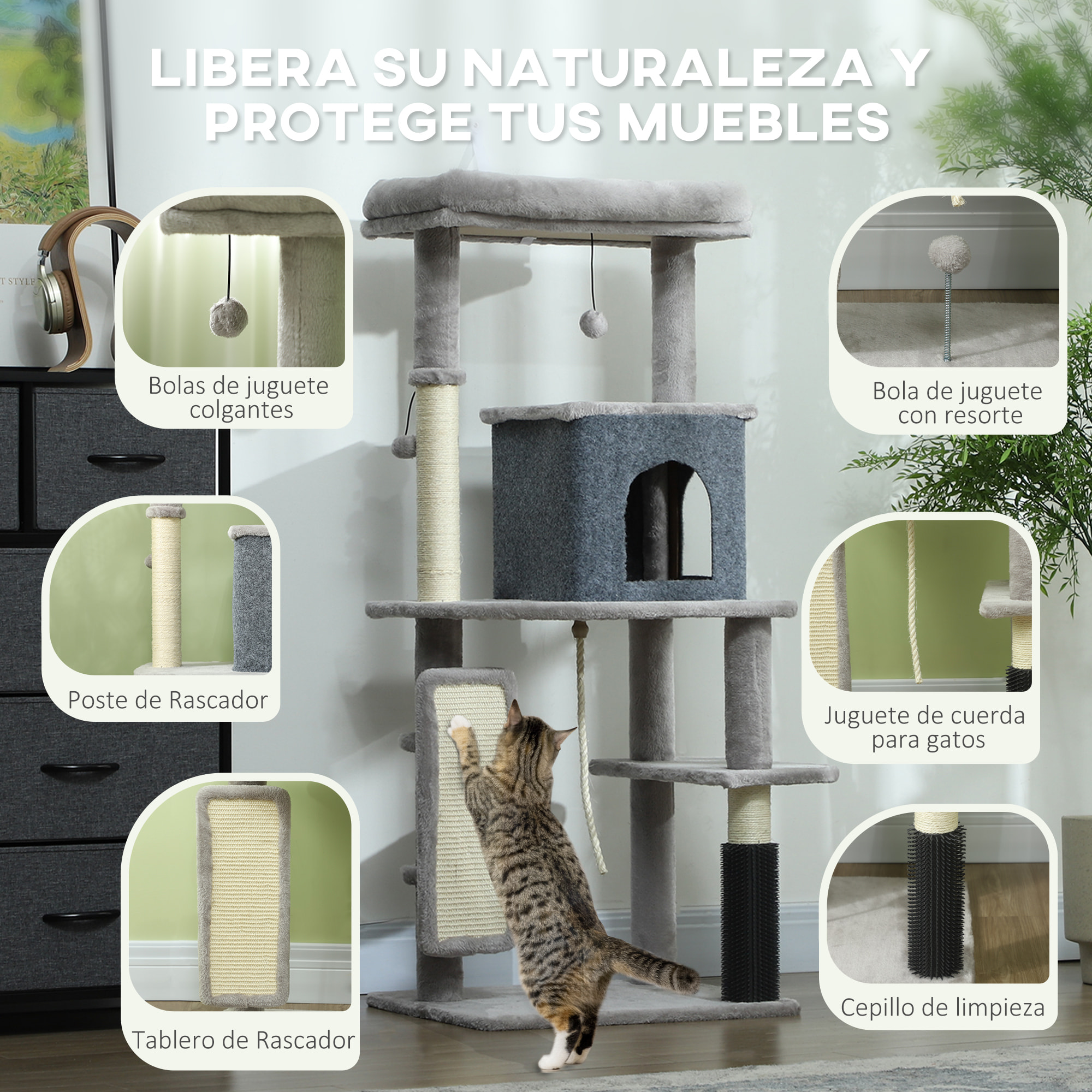 Árbol Rascador para Gatos Altura 132 cm Árbol para Gatos Torre para Gatos con Plataformas Poste con Cepillo Bolas Colgantes y Almohadilla para Rascar Gris Claro