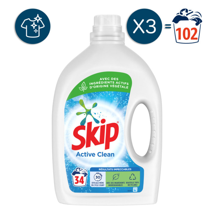 3x34 lavages Lessive liquide Skip Active Clean Résultats impeccables (102 lavages)