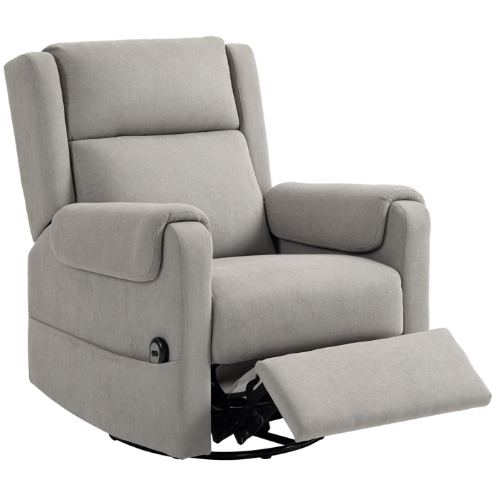 Sillón Relax Reclinable Eléctrico, Sillón Reclinable Giratorio y Balancín con Reposapiés Ajustable, Mando a Distancia, Acolchado Grueso, Tela de Rizo, para Dormitorio, Salón, Gris Claro