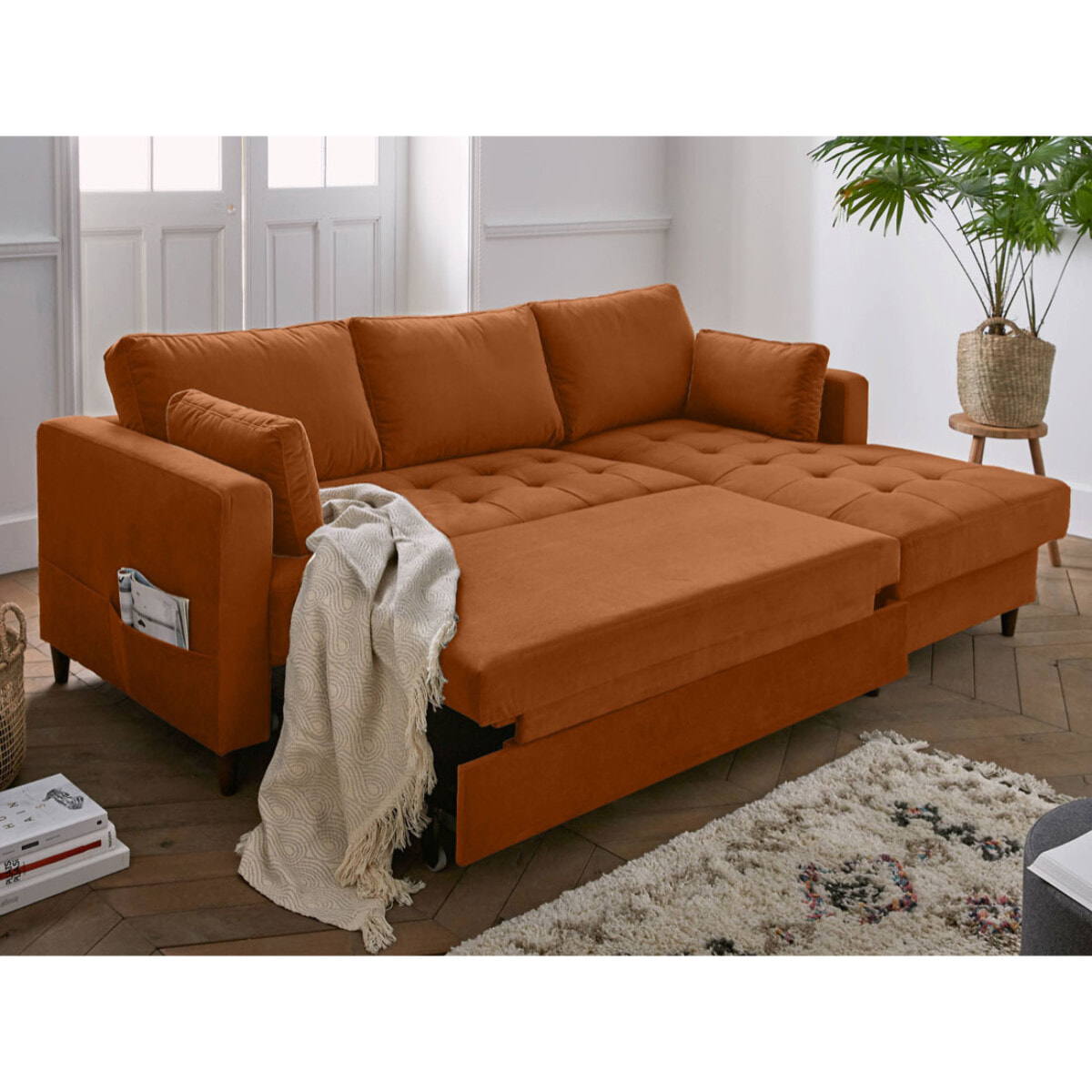 Anna - canapé d'angle droit - 4 places - convertible avec coffre - en velours - Rouille