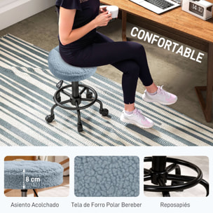 Taburete Giratorio Redondo Taburete con Ruedas Altura Regulable 50-66 cm Asiento Tapizado en Tejido de Borreguito para Salones Talleres Spa Masaje Azul