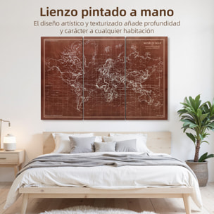 Cuadros en Lienzo Trípticos de Mapamundi Vintage a Mano, 120x60 cm, Cuadros Grandes de Arte de Pared con Marco de Madera, Decoración Elegante para Dormitorio, Salón, Cocina, Marrón