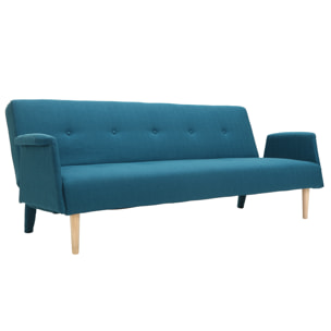 Canapé convertible scandinave 3 places en tissu bleu canard et bois clair OSCAR