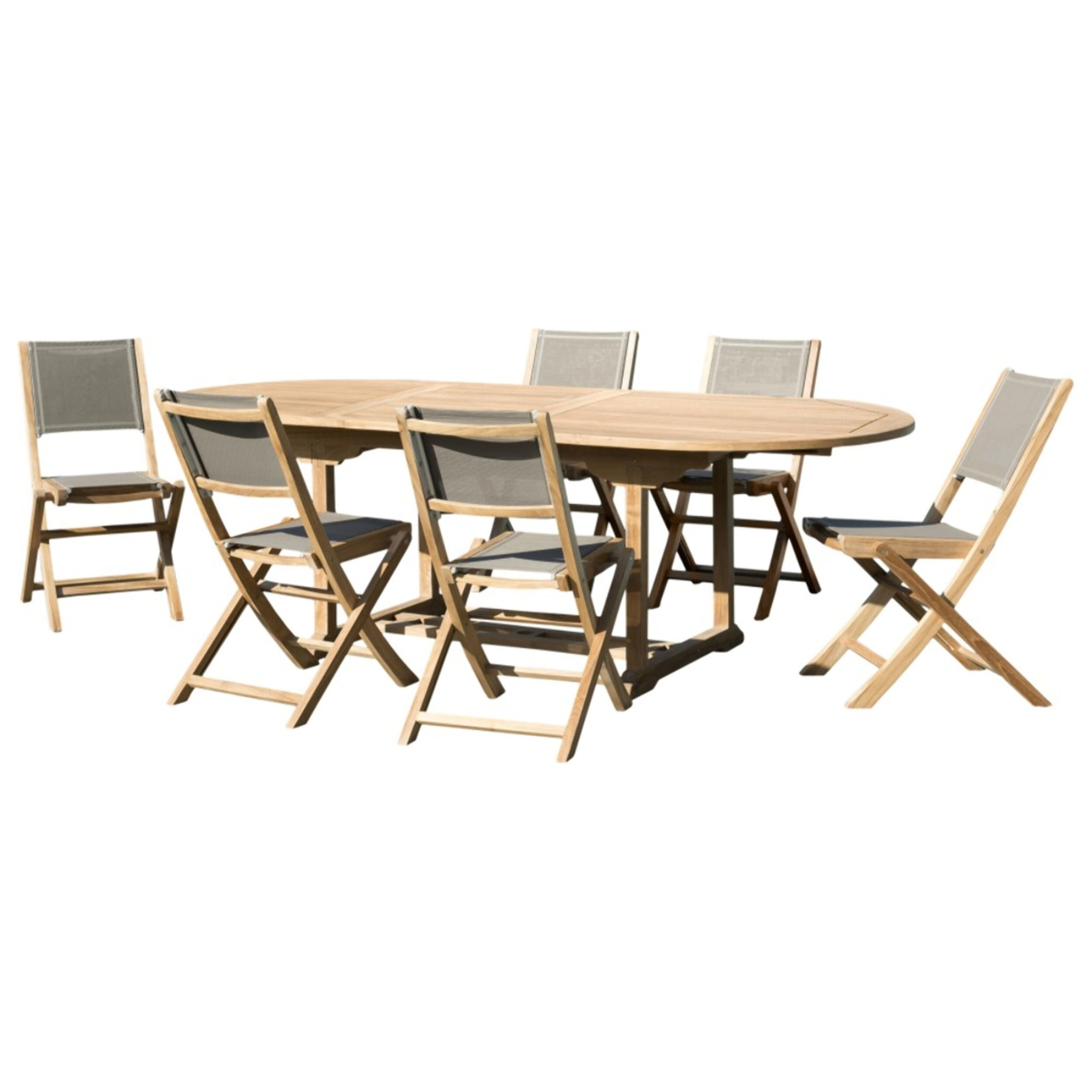 FUN - SALON DE JARDIN EN BOIS TECK 8/10 personnes - 1 Table ovale extensible 180/240*100 cm et 6 chaises taupe