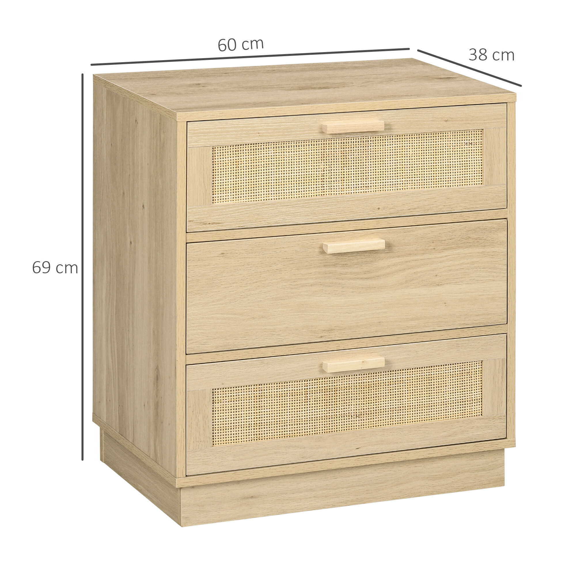 Cómoda de Noche con 3 Cajones de Rejilla de Ratán Cajonera de Madera para Dormitorio Salón Estilo Bohemio 60x38x69 cm Natural