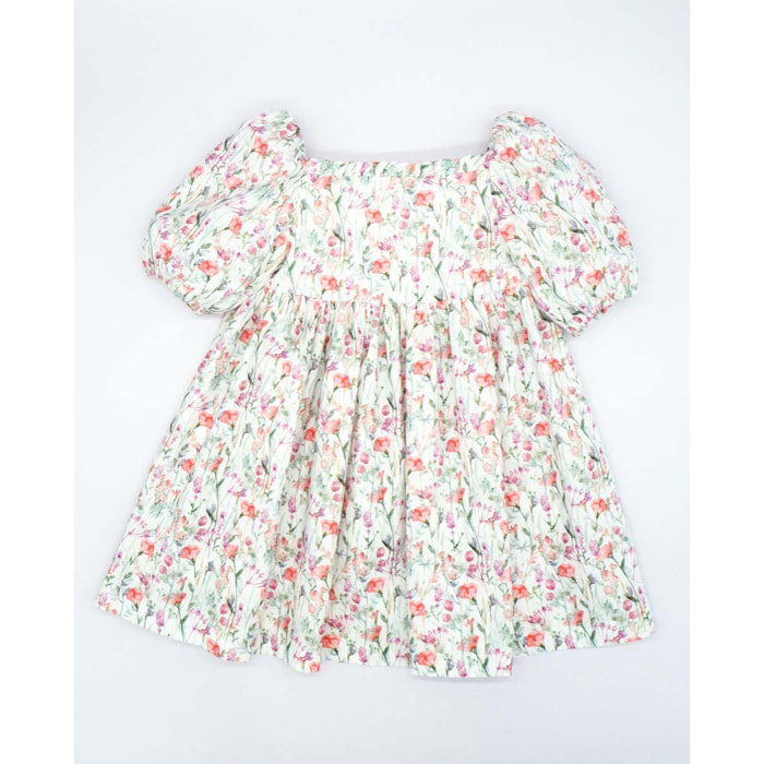 VESTIDO MANGA ABULLONADA FLOR ROSA