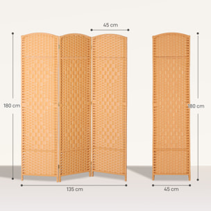 Paravent intérieur 3 panneaux pliables en bois séparateur de pièce style bohème tissé orangé