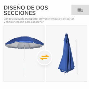 Sombrilla de Playa con Panel Lateral Ø191x211 cm Parasol para Terraza con Manivela Manual Techo Inclinable 2 Bolsillos y 2 Ventanas para Jardín Piscina Azul