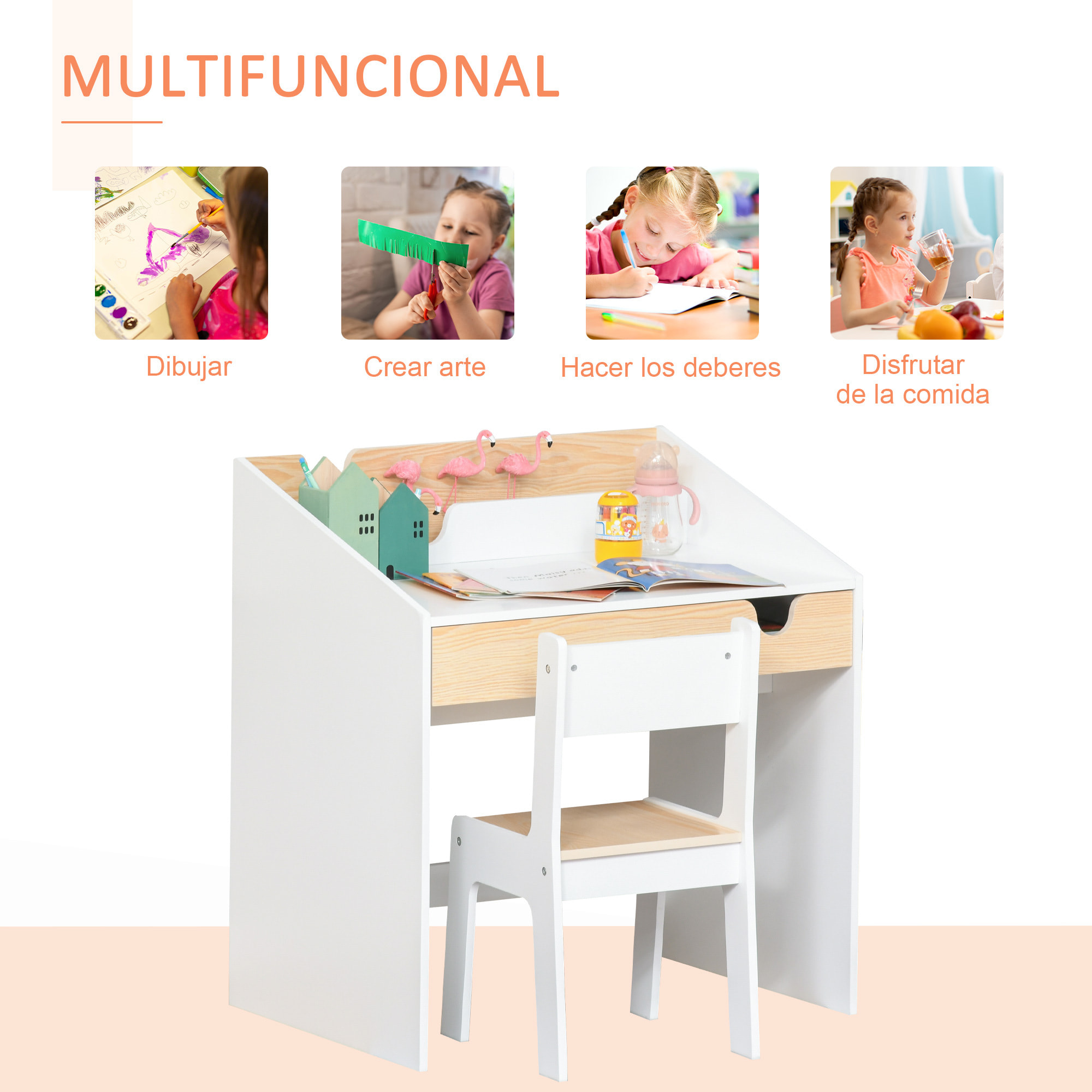 Escritorio para Niños con Silla de 3 a 6 Años Pupitre Infantil 2 en 1 Conjunto de Escritorio 2 Piezas con Cajón y Eatantes de Libros 70x50x75 cm Blanco y Natural