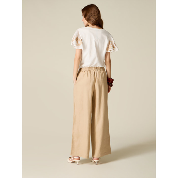 Oltre - Pantalones wide leg de lino - Beige